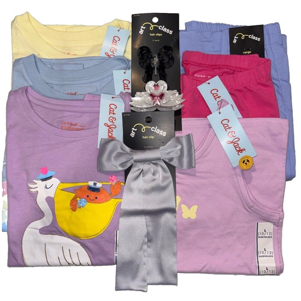 Cat & Jack Art Class Girl’s Sz 10/12 Clothing Lot 6 PCs Plus Hair Acc NWT